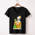 Miami Marlins Snoopy Christmas Holiday Scene with Gifts and Tree 7 Womens V Neck.jpg