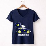 Michigan Wolverines Snoopy Driving with Flag 5 Womens V Neck.jpg