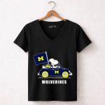 Michigan Wolverines Snoopy Driving with Flag 7 Womens V Neck.jpg