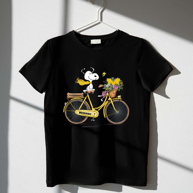 Michigan Wolverines Snoopy On Yellow Bicycle With Flowers 1 T Shirt.jpg