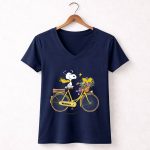 Michigan Wolverines Snoopy On Yellow Bicycle With Flowers 5 Womens V Neck.jpg