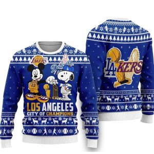 Mickey Mouse and Snoopy Los Angeles Lakers Dodgers Ugly Sweater 1.jpg