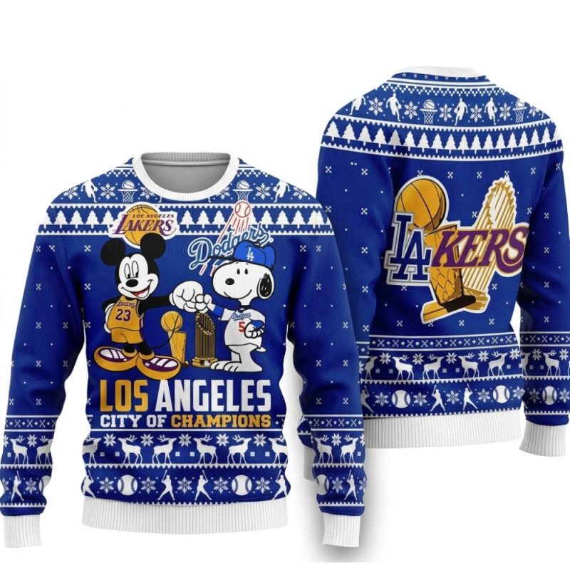 Mickey Mouse And Snoopy Los Angeles Lakers Dodgers Ugly Sweater 1.Jpg