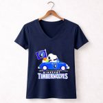Minnesota Timberwolves Snoopy Dog Driving Blue Car Holding Basketball Flag 5 Womens V Neck