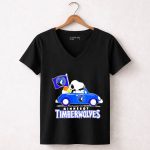 Minnesota Timberwolves Snoopy Dog Driving Blue Car Holding Basketball Flag 6 Womens V Neck