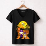 Minnesota Vikings Snoopy and Charlie Brown Halloween Pumpkin Moon 7 Womens V Neck