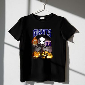 New York Giants Halloween Jack Skellington with Pumpkins and Flaming Football T Shirt T Shirt 1