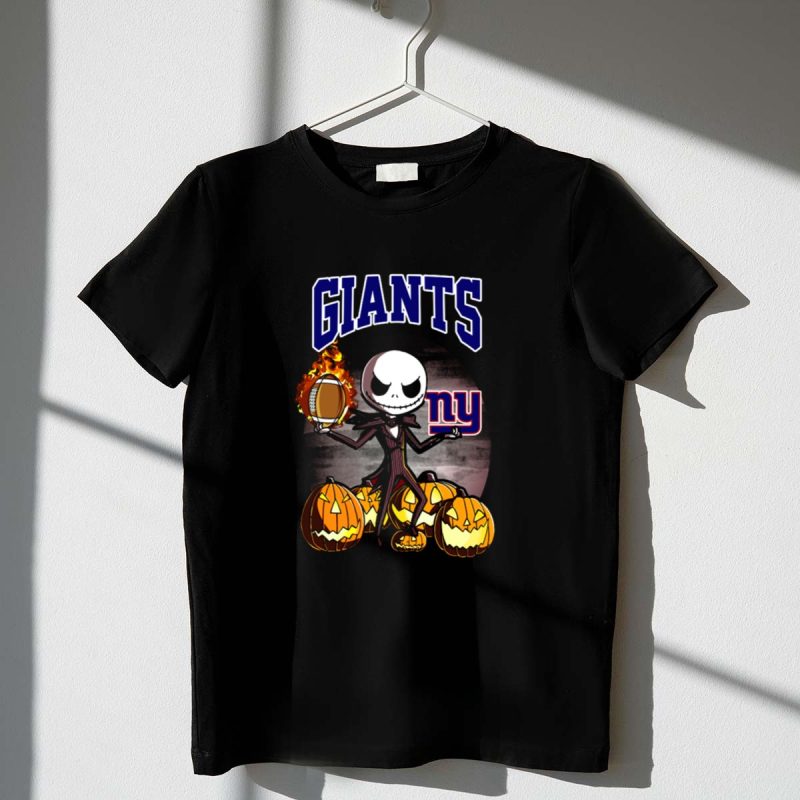 New York Giants Halloween Jack Skellington With Pumpkins And Flaming Football T Shirt T Shirt 1