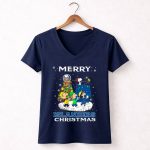 New York Islanders Christmas Characters Snoopy Woodstock Charlie Brown Linus Lucy 5 Womens V Neck.jpg