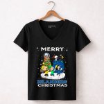 New York Islanders Christmas Characters Snoopy Woodstock Charlie Brown Linus Lucy 7 Womens V Neck.jpg