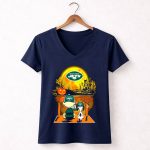 New York Jets Halloween Snoopy and Charlie Brown with Pumpkin 5 Womens V Neck
