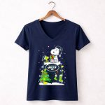 New York Jets Snoopy And Woodstock Christmas Gift With Tree And Snowflakes 5 Womens V Neck