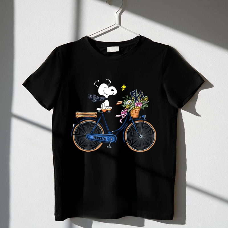 New York Yankees Snoopy On Bicycle With Woodstock And Flowers 1 T Shirt