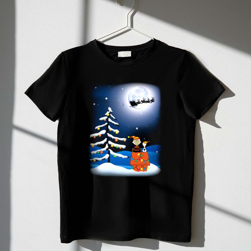 Noel Night Snoopy Peanuts Movie Christmas Scene Santa Sleigh Winter Tree With Lights T Shirt 1.Jpg