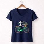 Notre Dame Fighting Irish Snoopy on Bicycle with Flowers and Woodstock 5 Womens V Neck.jpg