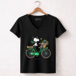 Notre Dame Fighting Irish Snoopy on Bicycle with Flowers and Woodstock 7 Womens V Neck.jpg