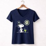 Oakland Athletics Snoopy and Woodstock Wearing Team Hats 5 Womens V Neck.jpg