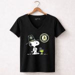 Oakland Athletics Snoopy and Woodstock Wearing Team Hats 7 Womens V Neck.jpg