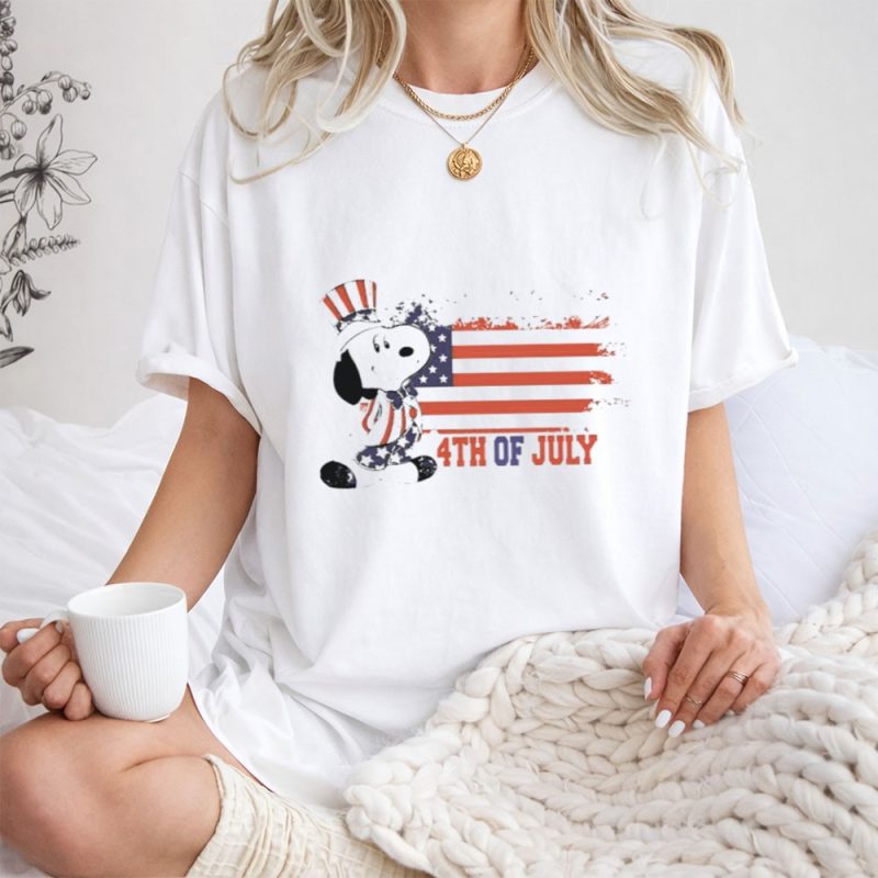 Patriotic Snoopy Wearing Uncle Sam Hat With American Flag Background 4Th Of July 1 T Shirt