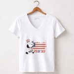 Patriotic Snoopy Wearing Uncle Sam Hat with American Flag Background 4th Of July 5 Womens V Neck