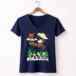 Peanuts Christmas Charlie Brown Snoopy Santa Sleigh Woodstock Scene 5 Womens V Neck 1.jpg