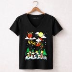 Peanuts Christmas Charlie Brown Snoopy Santa Sleigh Woodstock Scene 7 Womens V Neck 1.jpg