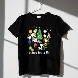 Peanuts Christmas Time Is Here Snoopy and Characters Around Christmas Tree T Shirt 1 1.jpg