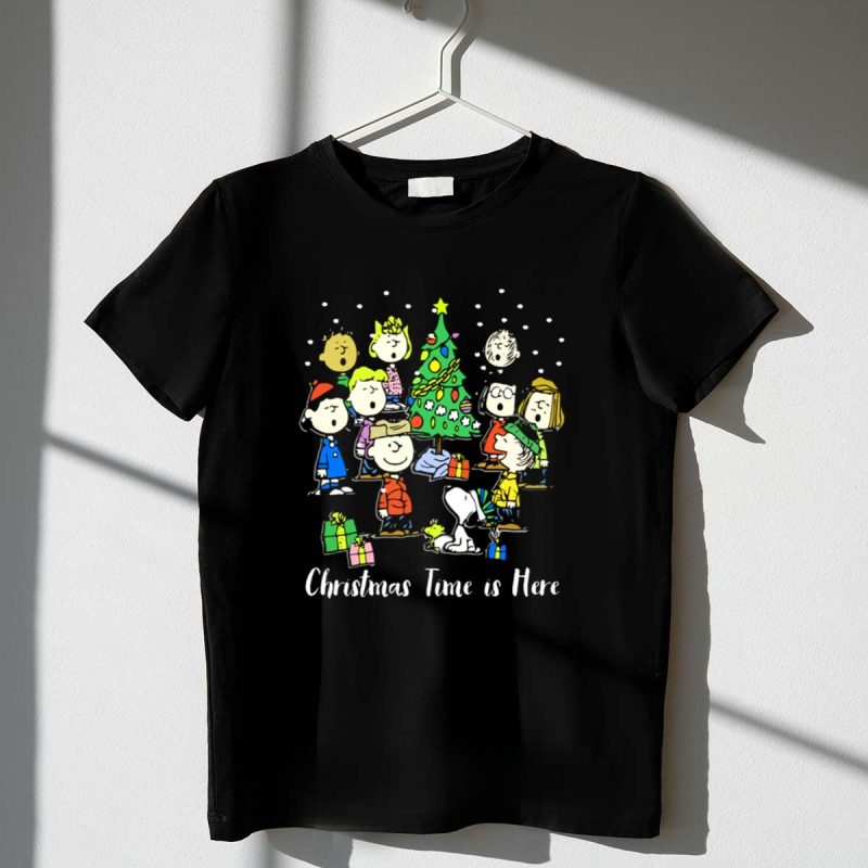 Peanuts Christmas Time Is Here Snoopy And Characters Around Christmas Tree T Shirt 1 1.Jpg