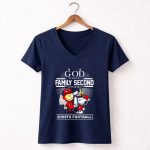 Peanuts God first family second then Kansas City Chiefs Trophy 5 Womens V Neck