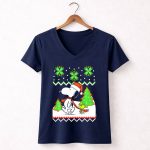 Peanuts Santa Snoopy Woodstock Snow Christmas Trees 5 Womens V Neck 1.jpg