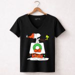 Peanuts Snoopy Santa Woodstock Christmas Wreath Doghouse Lights 7 Womens V Neck 1.jpg