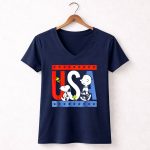 Peanuts Snoopy Woodstock Charlie Brown Red White Blue USA Stars 5 Womens V Neck