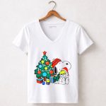 Peanuts Snoopy with Woodstock and Christmas Tree and Gifts 5 Womens V Neck 1.jpg