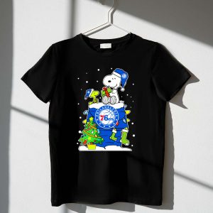 Philadelphia 76ers Snoopy Christmas Present With Tree And Woodstock 1 T Shirt