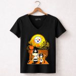 Pittsburgh Steelers Snoopy Charlie Brown Halloween Pumpkin Moon House 5 Womens V Neck1