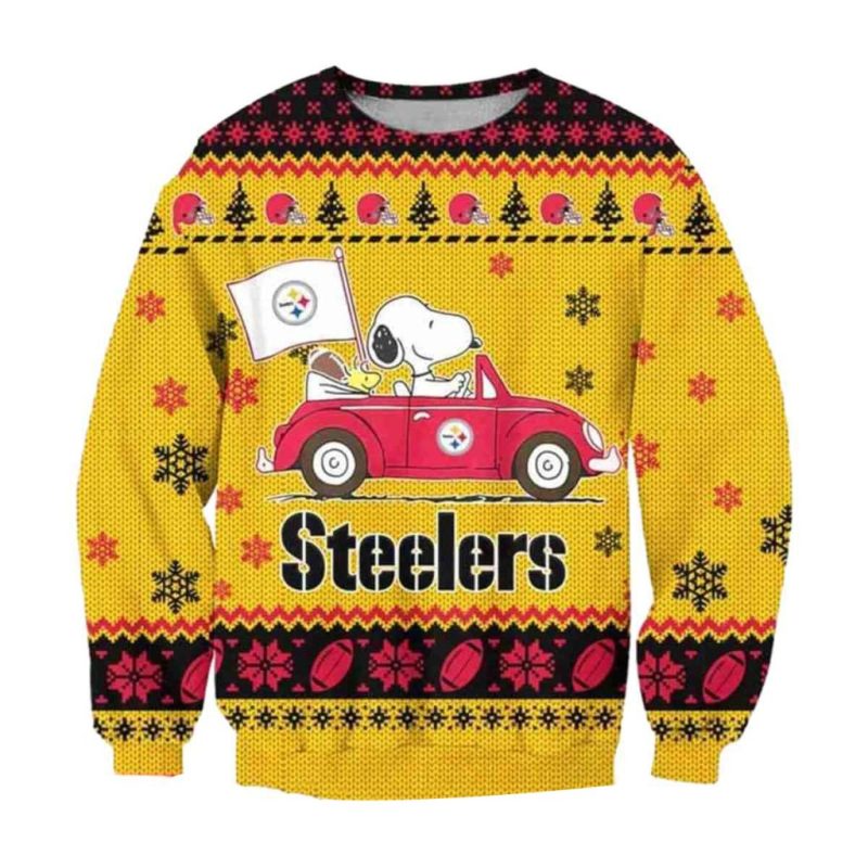 Pittsburgh Steelers Snoopy Driving Car Ugly Sweater 1.Jpg
