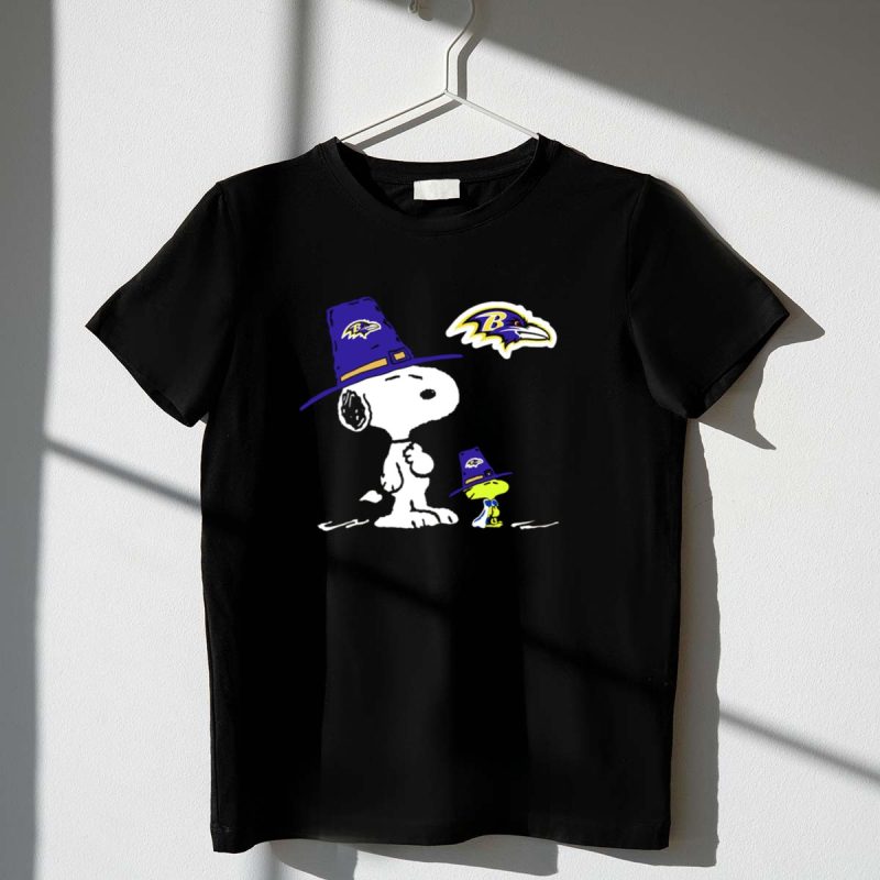 Ravens Snoopy And Woodstock Thanksgiving Pilgrim Hats Nfl Baltimore Ravens 1 T Shirt