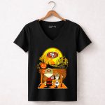 San Francisco 49ers Snoopy Charlie Brown Pumpkin Halloween Moon Scene 5 Womens V Neck1