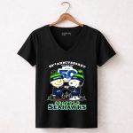 Seattle Seahawks 50th Anniversary 1976 2026 Snoopy And Charlie Brown High Fight 7 Womens V Neck 1.jpg