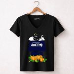 Seattle Seahawks Snoopy Doghouse Halloween Pumpkins 7 Womens V Neck