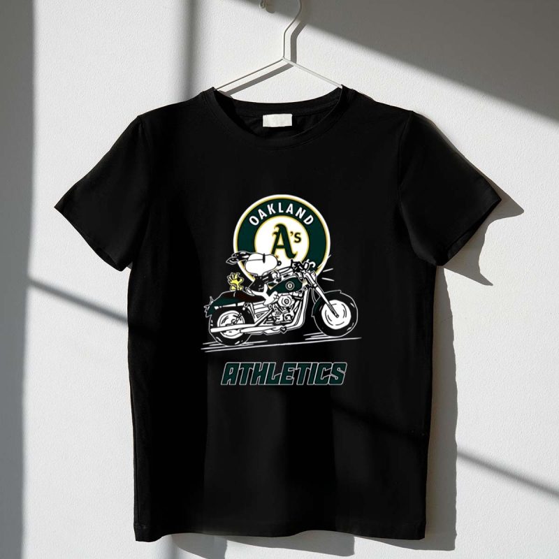 Snoopy And Woodstock Driving Motorbike Oakland Athletics 1 T Shirt.jpg