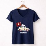 Snoopy Driving Oklahoma Sooners OU Flag Retro Car 5 Womens V Neck.jpg
