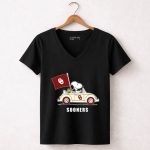 Snoopy Driving Oklahoma Sooners OU Flag Retro Car 7 Womens V Neck.jpg