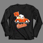 Snoopy Driving Red Car with Baltimore Orioles Flag and Orioles Text 4 Long Sleeves
