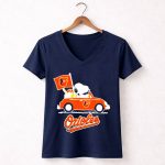 Snoopy Driving Red Car with Baltimore Orioles Flag and Orioles Text 5 Womens V Neck