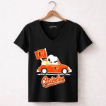 Snoopy Driving Red Car with Baltimore Orioles Flag and Orioles Text 7 Womens V Neck