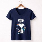 Snoopy Hockey Fan Defends San Jose Sharks Haters with Hockey Stick and Speech Bubble 5 Womens V Neck.jpg
