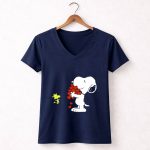 Snoopy Holding Hearts with Woodstock Hugging 5 Womens V Neck