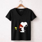 Snoopy Holding Hearts with Woodstock Hugging 7 Womens V Neck