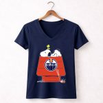 Snoopy On Doghouse With Edmonton Oilers Logo And Hockey Stick 5 Womens V Neck.jpg